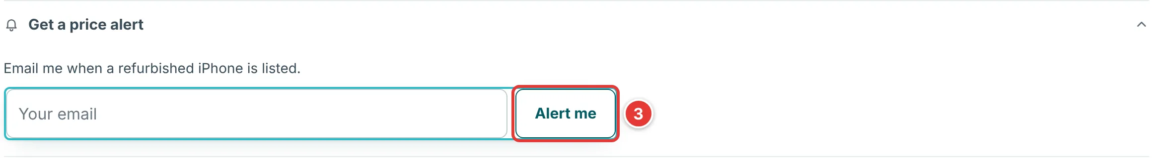 Get a price alert box open below the iPhone cards, with an email field and an Alert me button