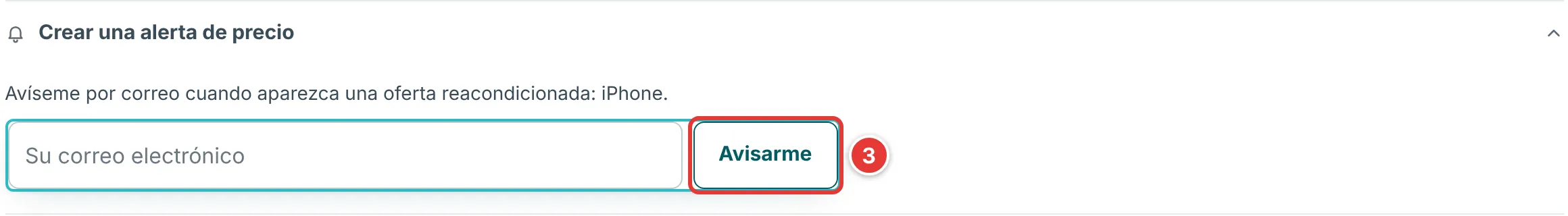 Recuadro Crear una alerta de precio abierto bajo las tarjetas de iPhone, con el campo de correo electrónico y el botón Avisarme