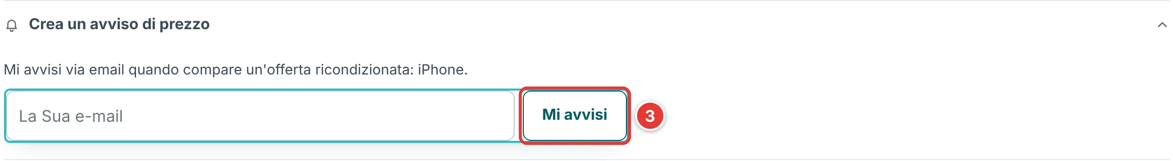 Riquadro Crea un avviso di prezzo aperto sotto le schede iPhone, con il campo email e il pulsante Mi avvisi