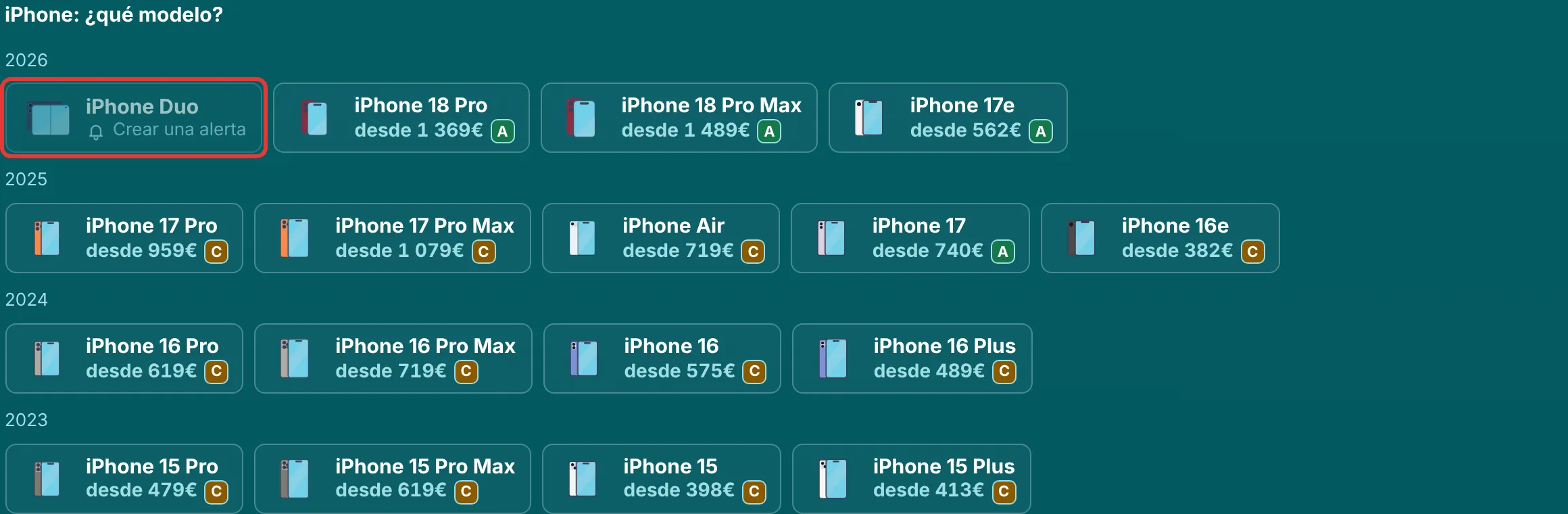 Lista de modelos en la página de iPhone de RefurbMe tras pulsar el botón Todos los, con los modelos sin existencias atenuados y marcados con Crear una alerta