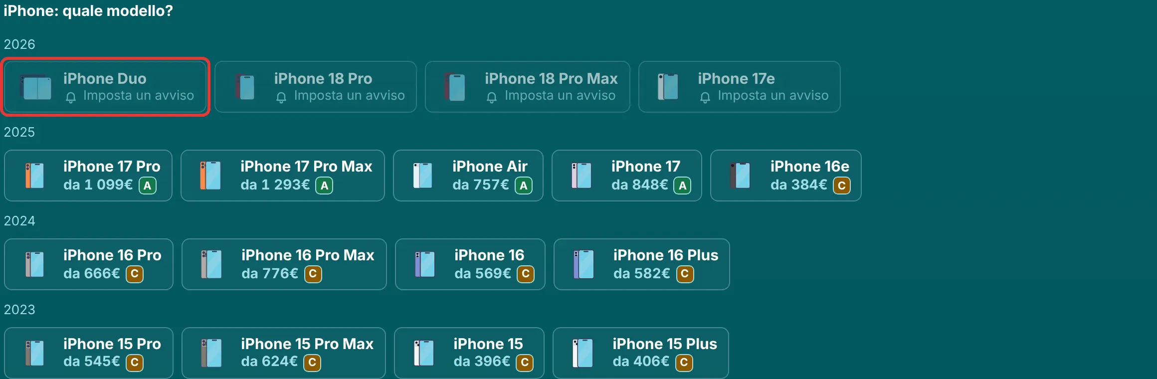 Elenco dei modelli nella pagina iPhone di RefurbMe dopo il clic sul pulsante Tutti, con i modelli senza scorte attenuati e contrassegnati da Imposta un avviso