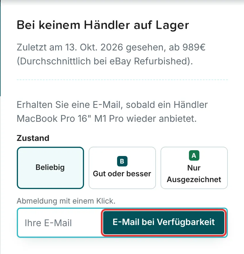 Produktseite einer Konfiguration, die bei keinem Händler auf Lager ist, mit dem Feld Bei keinem Händler auf Lager, der Zustandsauswahl und dem E-Mail-Feld