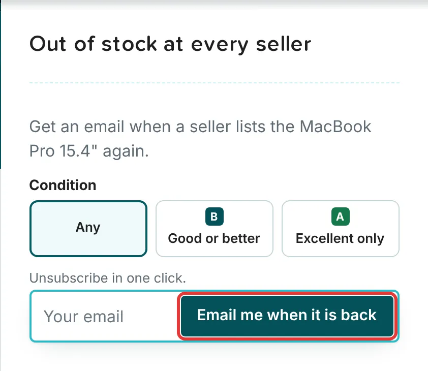Product page for a configuration that no seller has in stock, with an Out of stock at every seller box, a condition choice and an email field