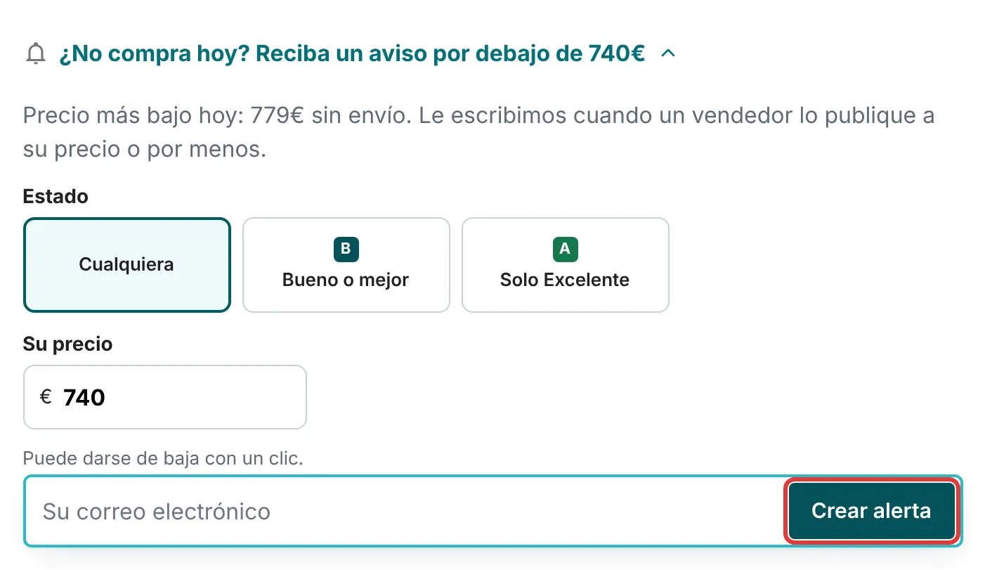 Recuadro de alerta en la página de una configuración, con la elección del estado, el campo de precio y el campo de correo electrónico
