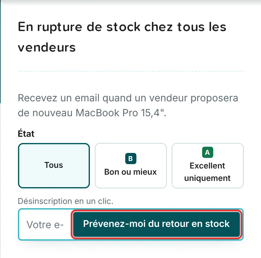 Page produit d'une configuration en rupture de stock chez tous les vendeurs, avec l'encadré d'alerte, le choix de l'état et le champ e-mail