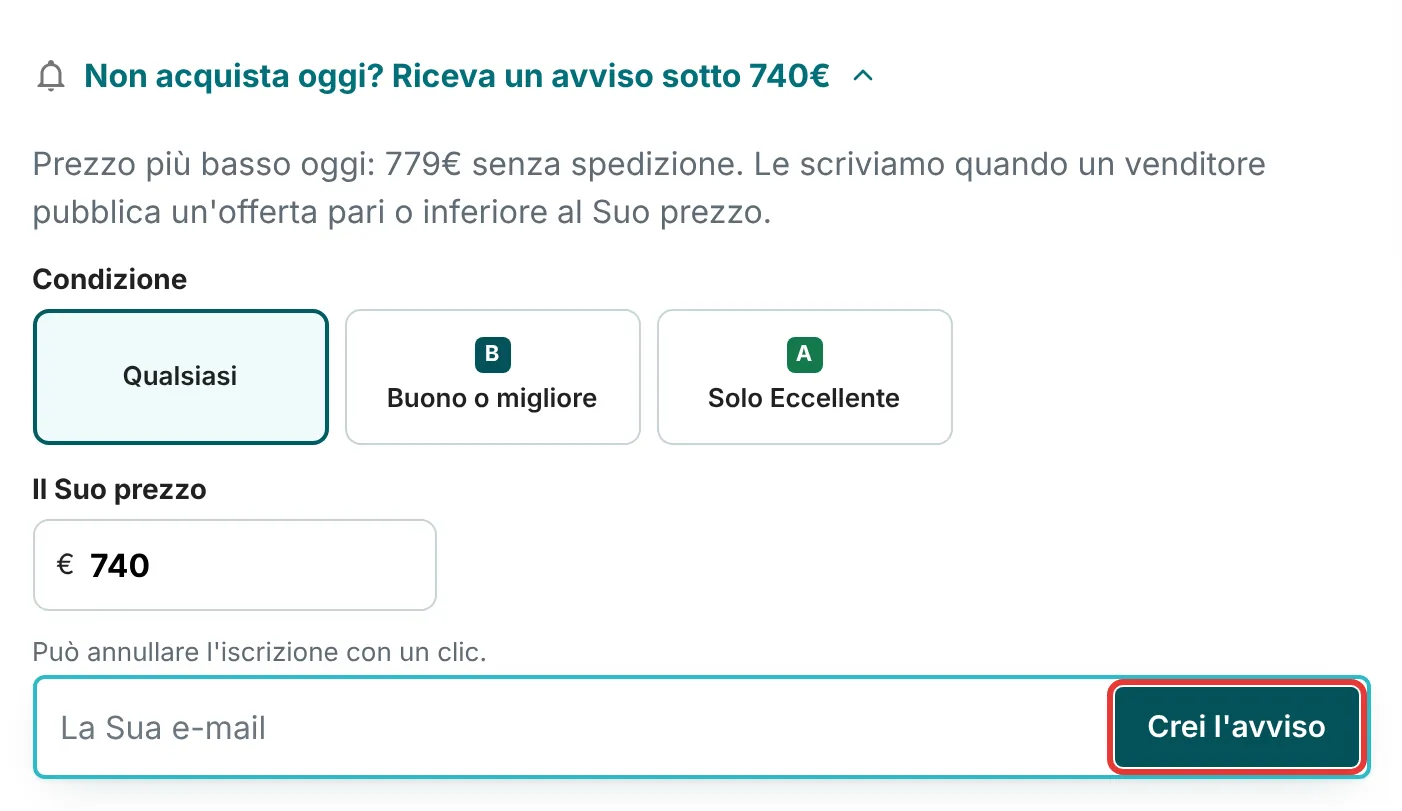 Riquadro dell'avviso nella pagina di una configurazione, con la scelta della condizione, il campo del prezzo e il campo email