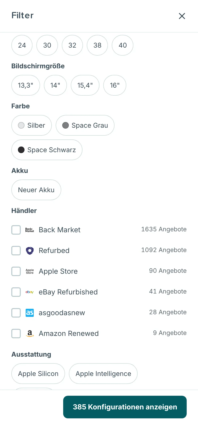 Gruppe Händler im Filter-Fenster von RefurbMe für MacBook Pro, mit jedem Händler und der Zahl seiner Angebote