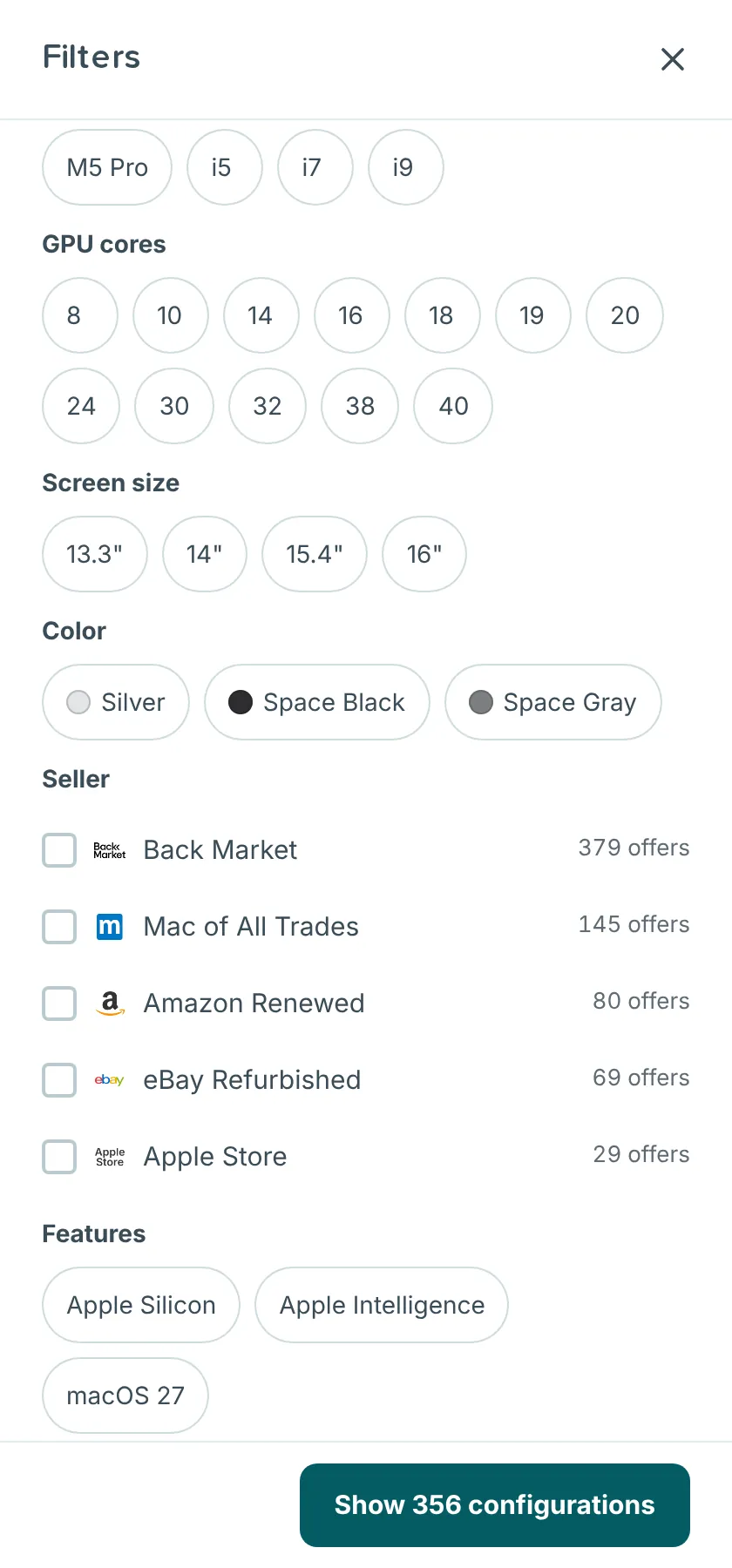 Seller group in the RefurbMe Filters panel for MacBook Pro, listing each seller with its number of offers