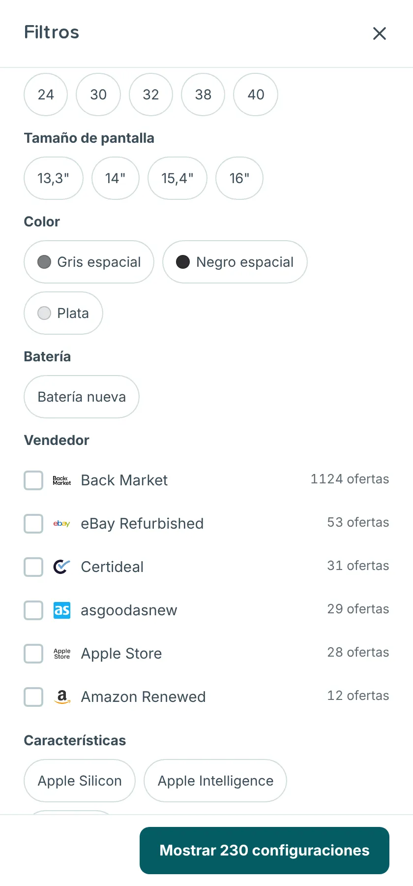 Grupo Vendedor en el panel Filtros de RefurbMe para MacBook Pro, con cada vendedor y su número de ofertas