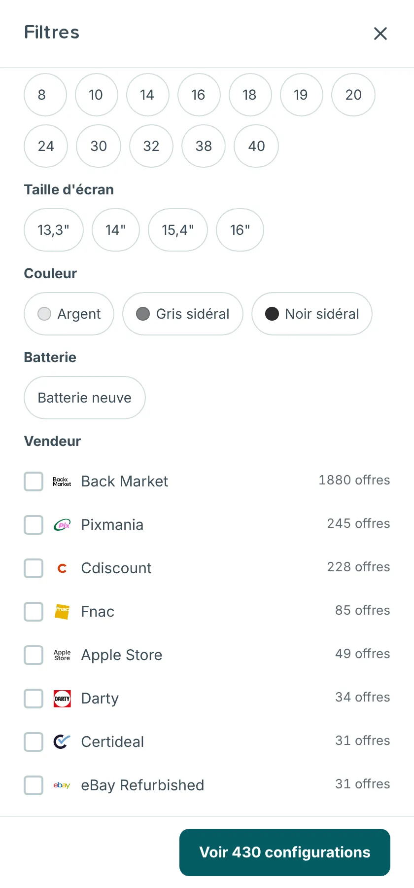 Groupe Vendeur du panneau Filtres de RefurbMe pour les MacBook Pro, avec chaque vendeur et son nombre d'offres