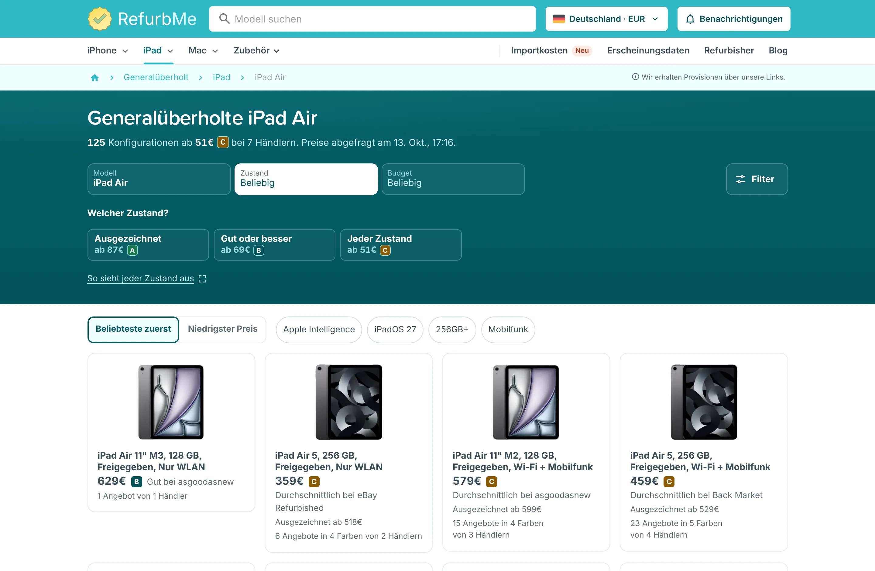Liste generalüberholter iPad Air mit Filtern für Modell, Zustand und Budget und Karten, die jeweils das günstigste Angebot, den Zustand und den Händler zeigen