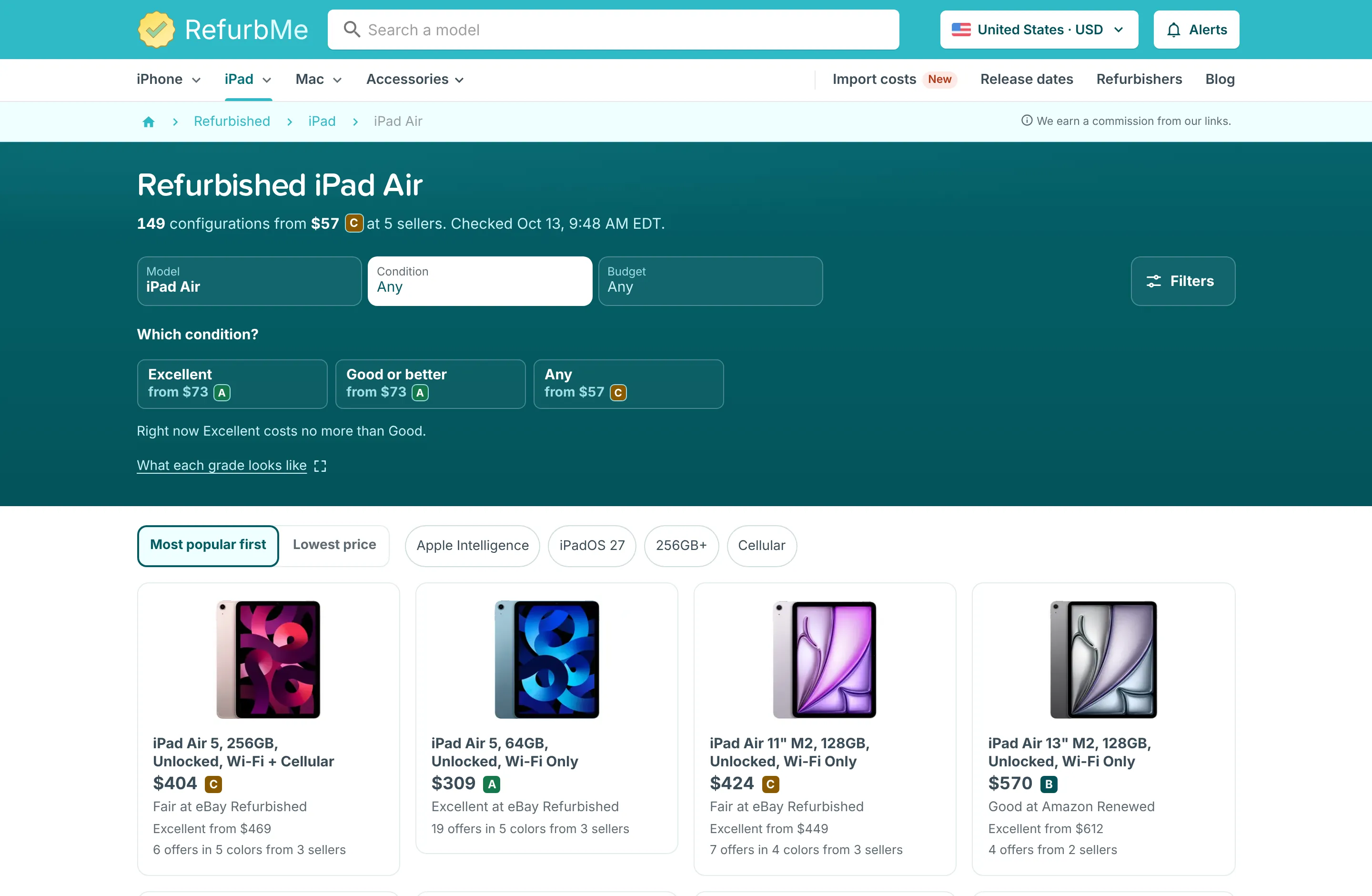 Refurbished iPad Air list with filters for model, condition and budget, and cards that each show the cheapest offer, its grade and its seller