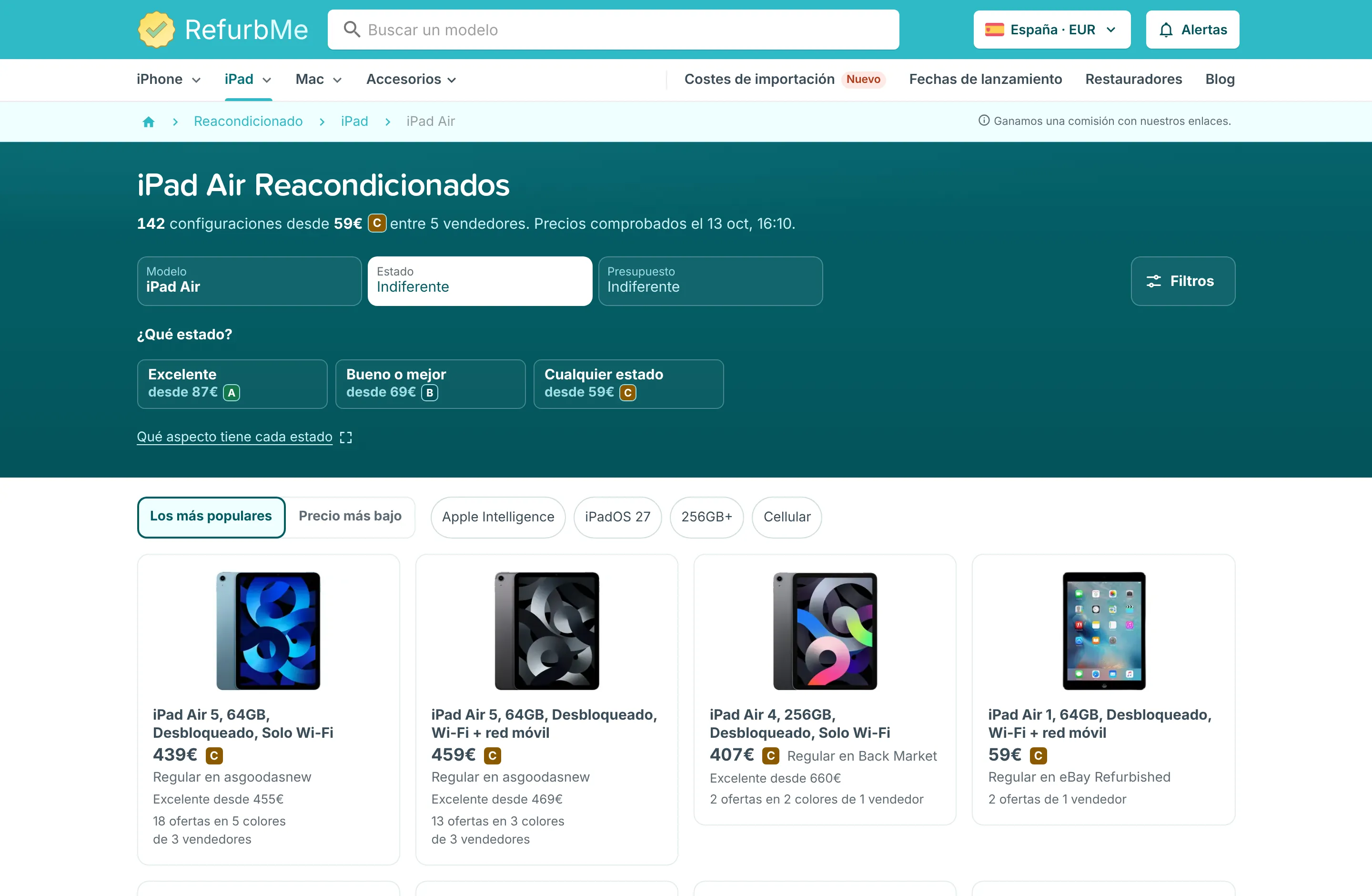 Lista de iPad Air reacondicionados con filtros de modelo, estado y presupuesto y tarjetas que muestran cada una la oferta más barata, su estado y su vendedor