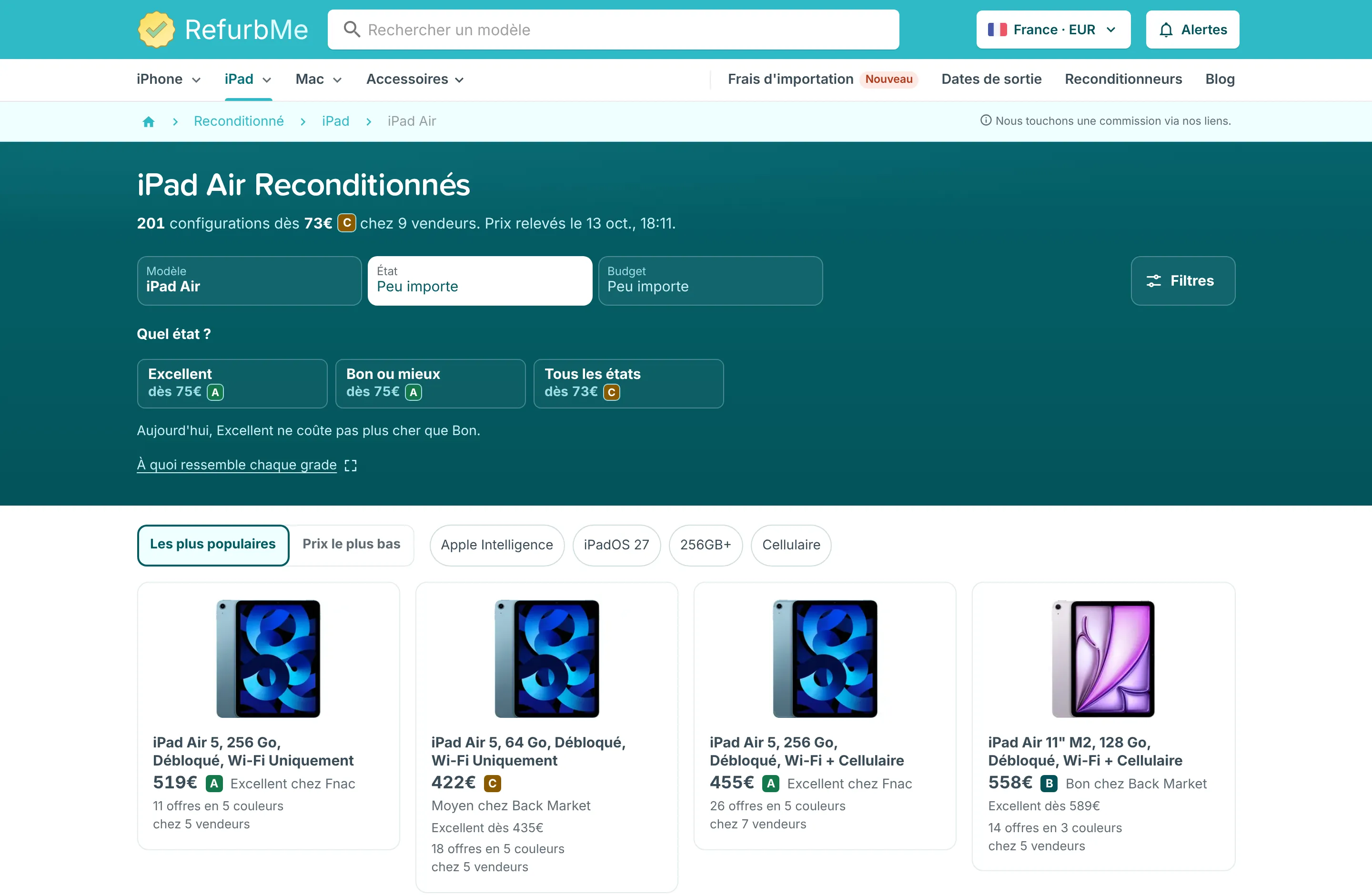 Liste des iPad Air reconditionnés avec les filtres modèle, état et budget, et des cartes qui indiquent chacune l'offre la moins chère, son état et son vendeur