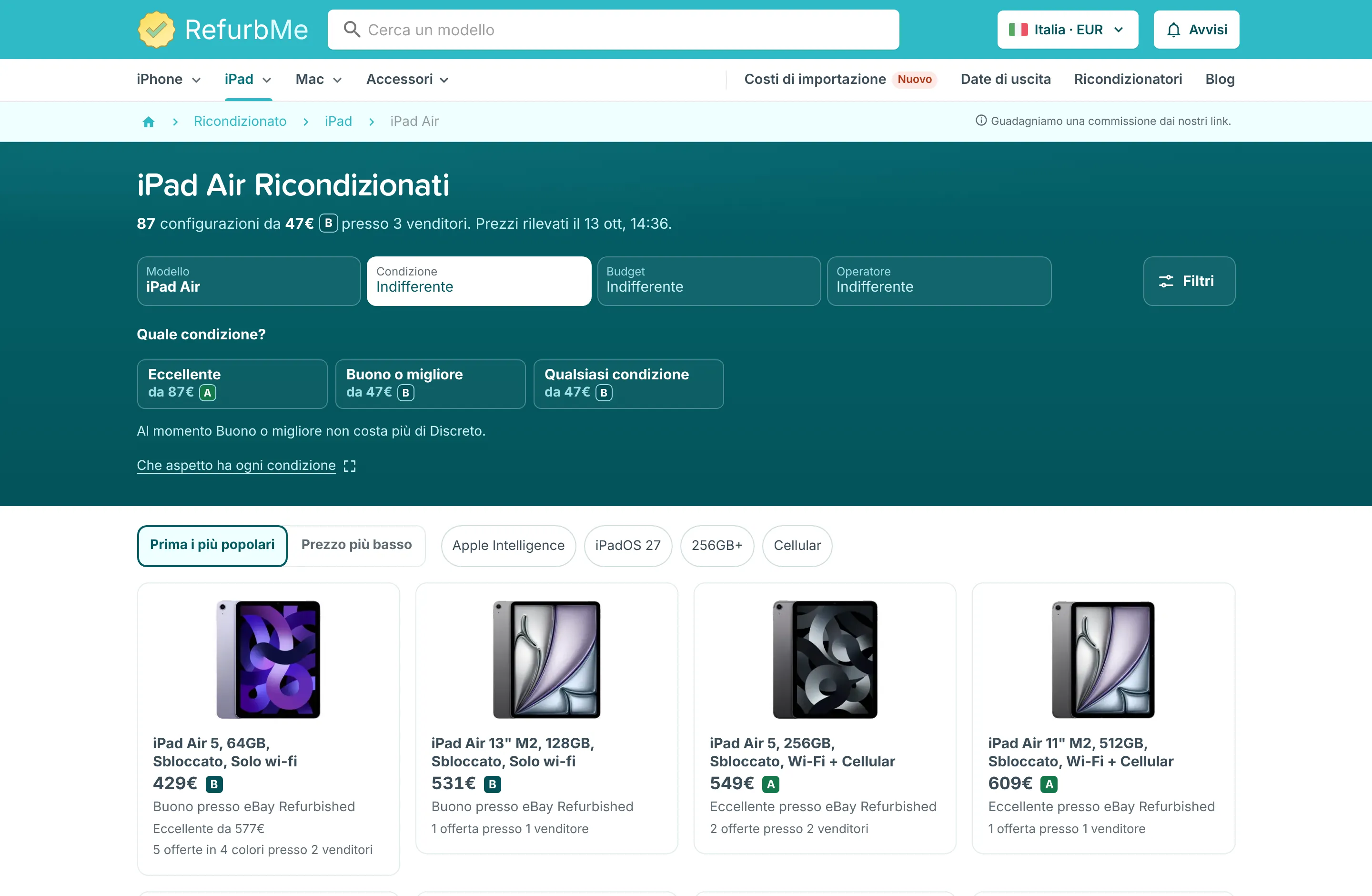 Elenco degli iPad Air ricondizionati con filtri per modello, condizione e budget e schede che indicano ciascuna l'offerta più economica, il grado e il venditore