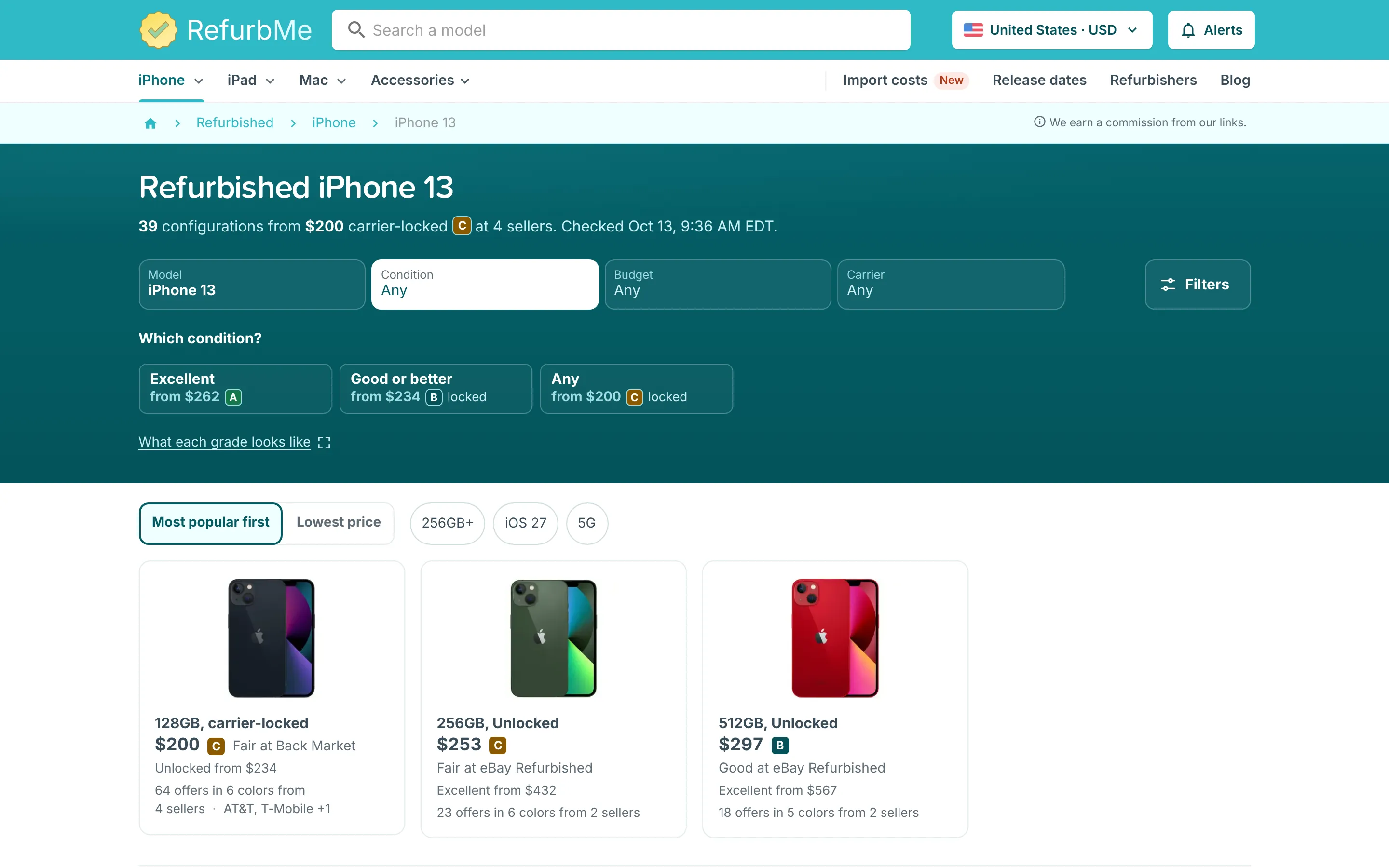Refurbished iPhone 13 list with filters for model, condition, budget and carrier, and cards that each show the cheapest offer, its grade and its seller