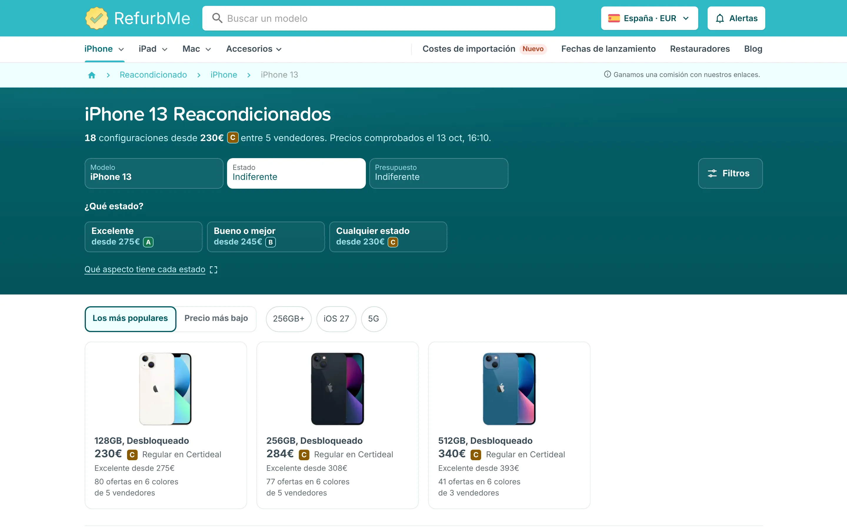 Lista de iPhone 13 reacondicionados con filtros de modelo, estado y presupuesto y tarjetas que muestran cada una la oferta más barata, su estado y su vendedor