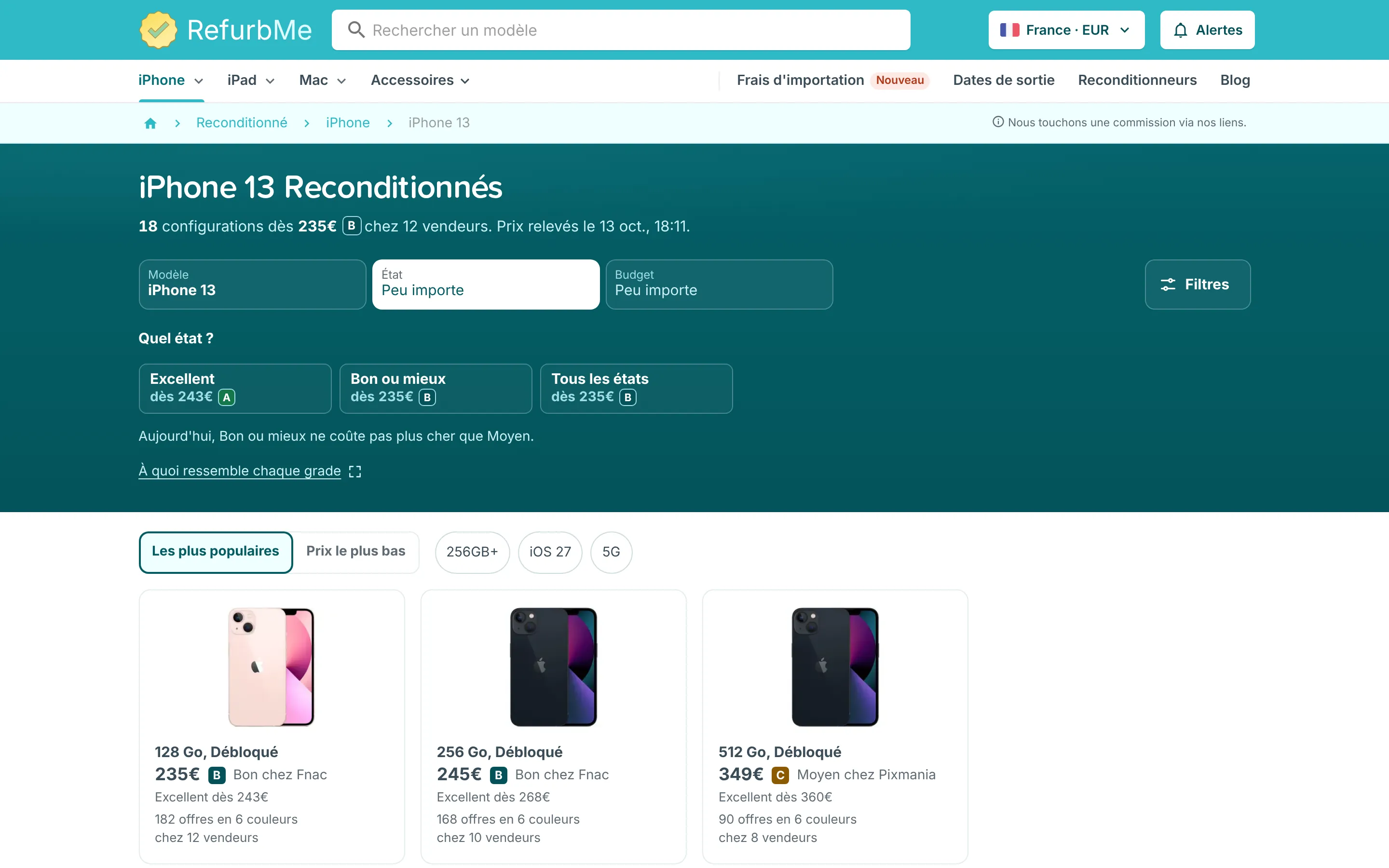 Liste des iPhone 13 reconditionnés avec les filtres modèle, état et budget, et des cartes qui indiquent chacune l'offre la moins chère, son état et son vendeur