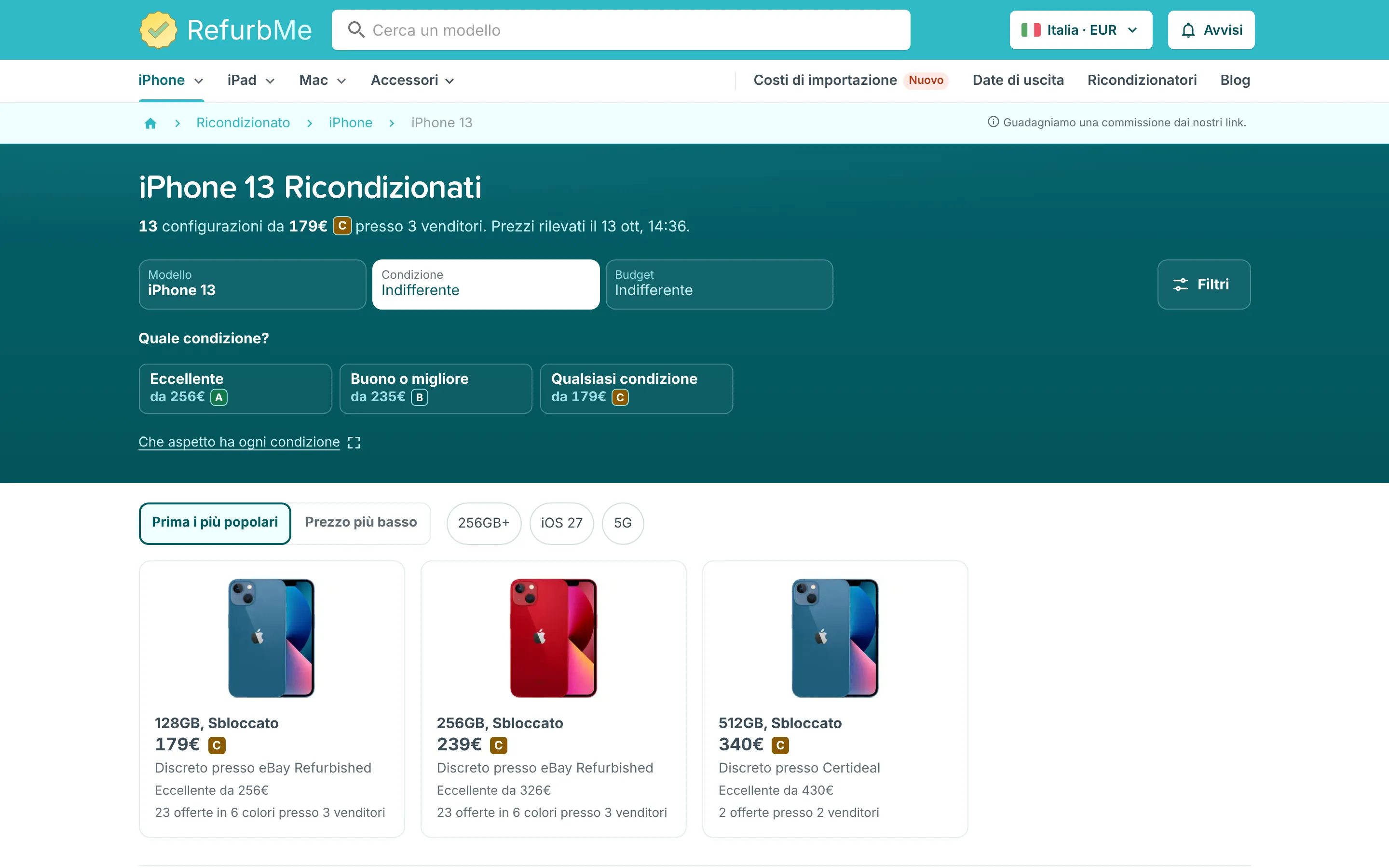 Elenco degli iPhone 13 ricondizionati con filtri per modello, condizione e budget e schede che indicano ciascuna l'offerta più economica, il grado e il venditore