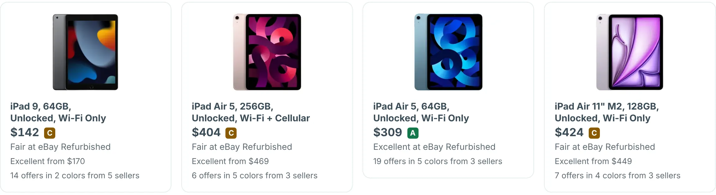 Row of iPad cards on RefurbMe, each with the model name, the lowest price, its grade and the seller