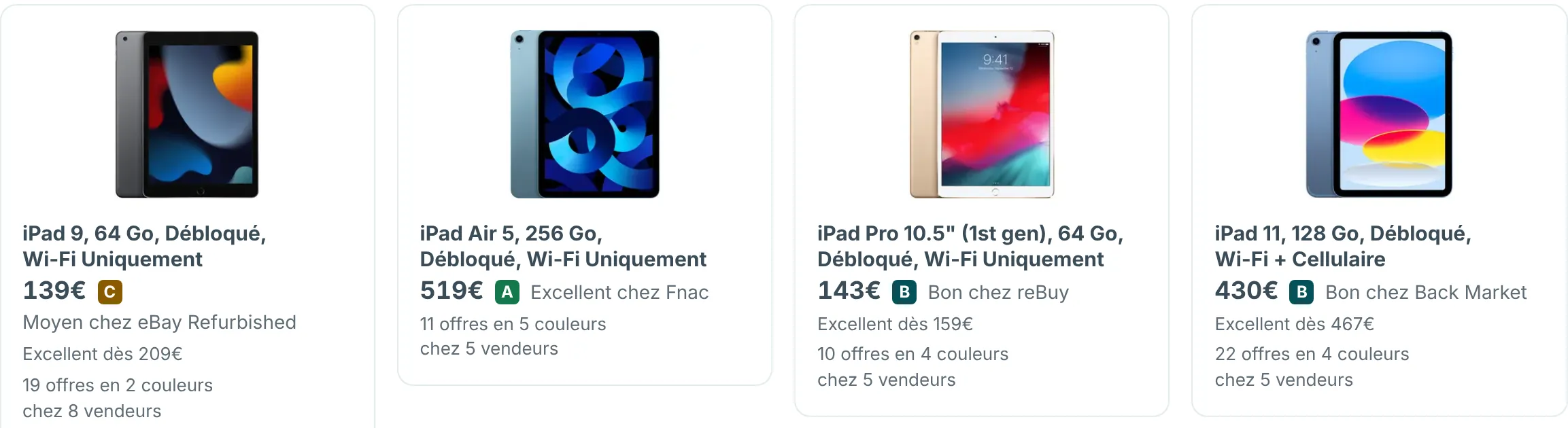 Rangée de cartes iPad sur RefurbMe, chacune avec le nom du modèle, le prix le plus bas, l'état et le vendeur