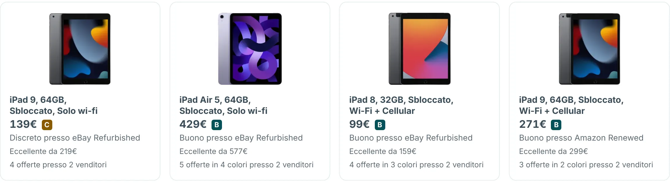 Fila di schede iPad su RefurbMe, ciascuna con il nome del modello, il prezzo più basso, il grado e il venditore