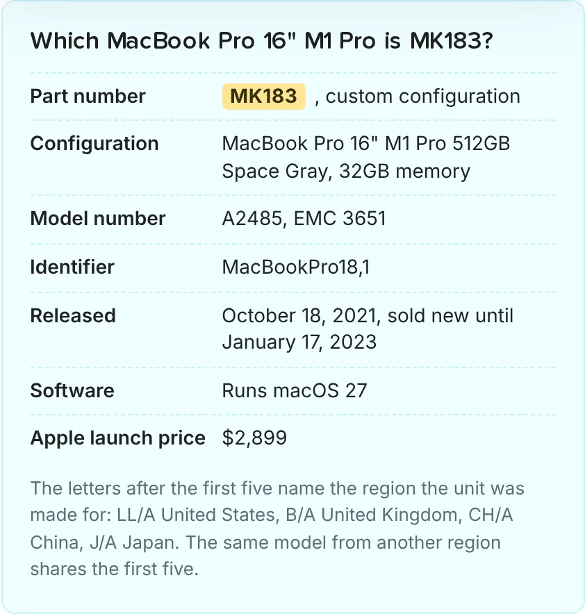 Part-number box on a RefurbMe product page, with the Apple launch price row below the release and software rows