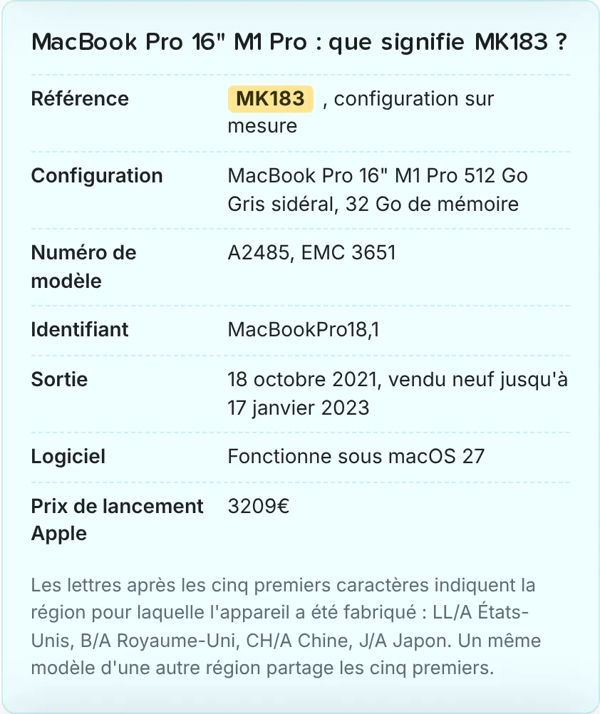 Encadré de référence sur une fiche produit RefurbMe, avec la ligne Prix de lancement Apple sous les lignes de sortie et de logiciel