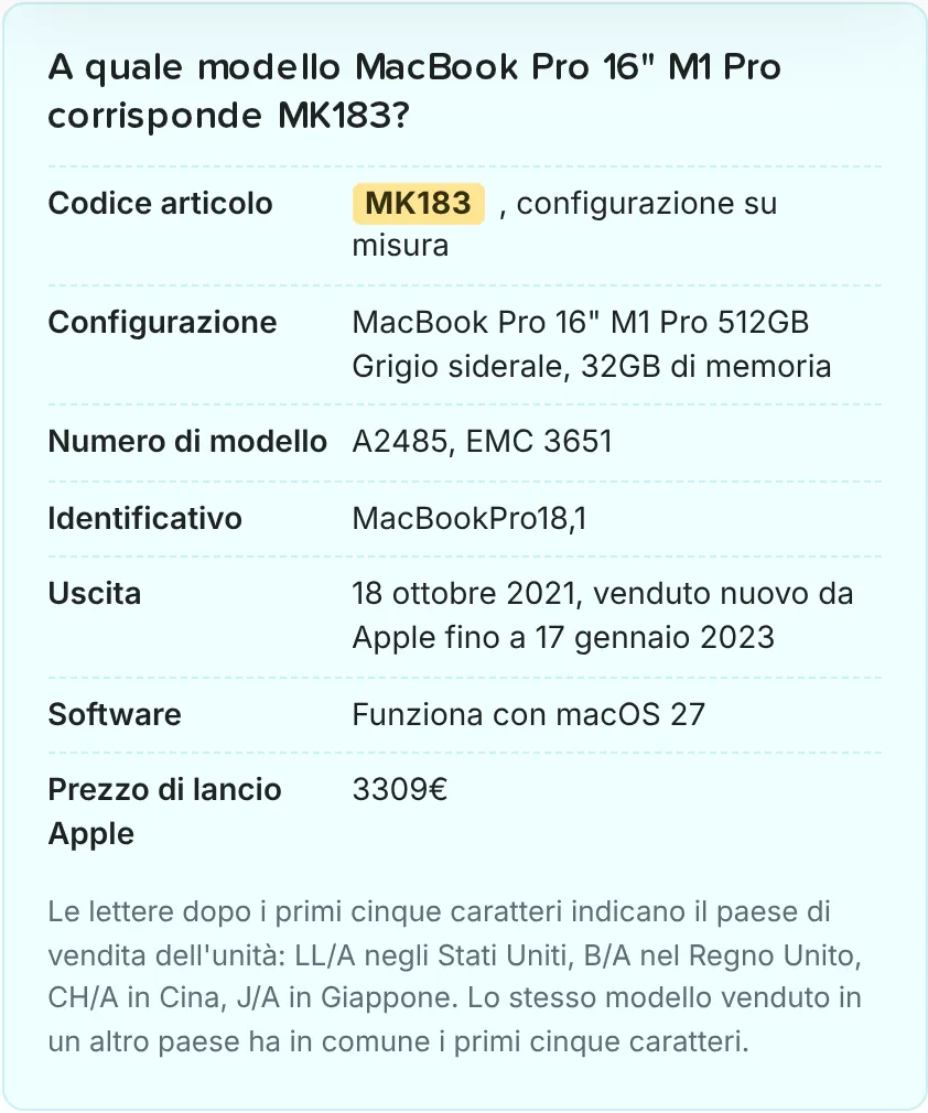 Riquadro con il codice articolo in una pagina prodotto di RefurbMe, con la riga Prezzo di lancio Apple sotto quelle di uscita e software
